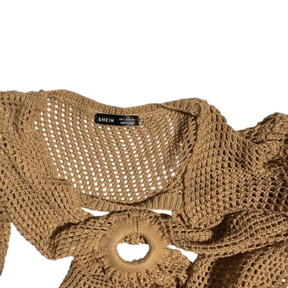 Crochet Cutout Mini Dress Beige Knit Ring Detail Long Sleeve Beach Vacation S - Picture 4 of 8